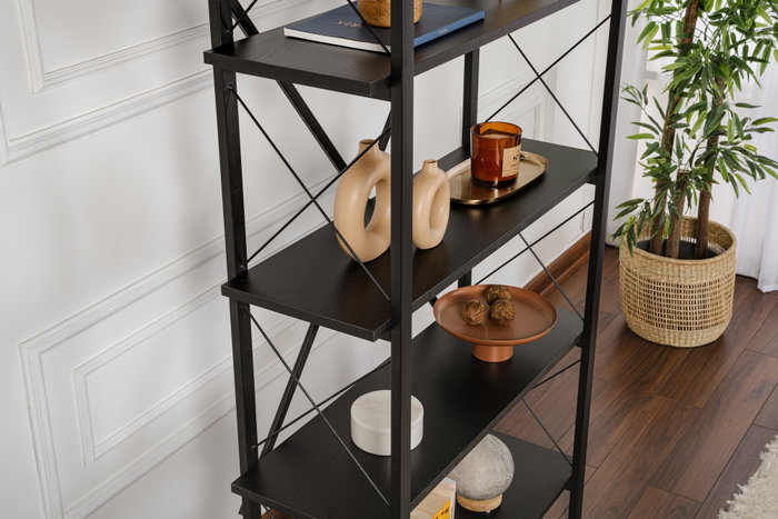 Nordure Estantería Wood Black, Negro - Tablero Melamina y Metal, 90x180x33.5 cm